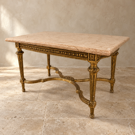 French Louis XVI Style Gilt Coffee Table with Peach Marble