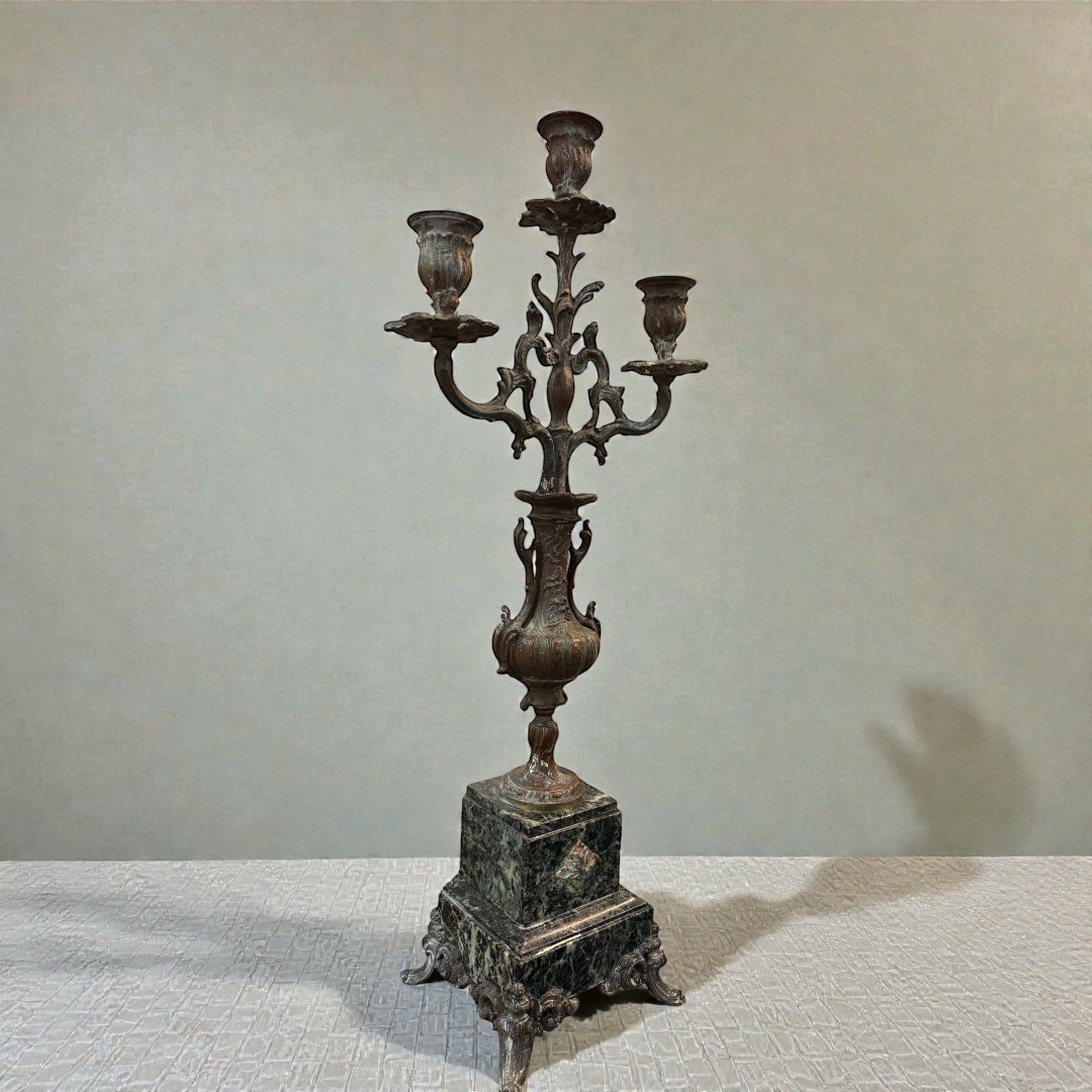 1880’s French Louis XVI style bronze & emerald marble candelabra set