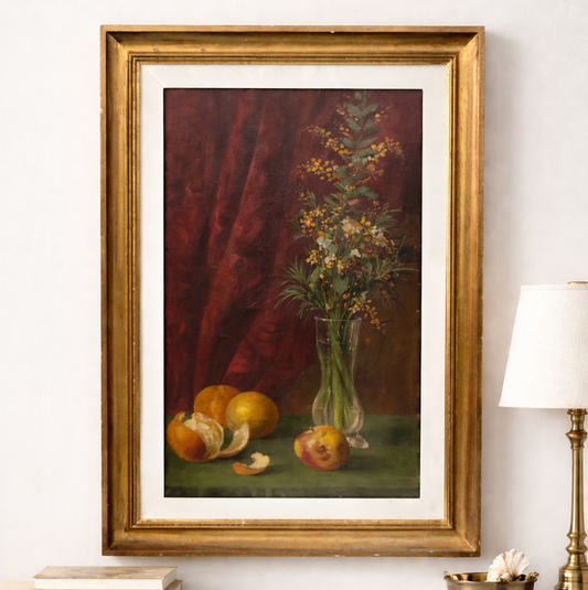 Italian Still Life with Flowers & Citrus, Oil on Canvas, Mid 20th Century