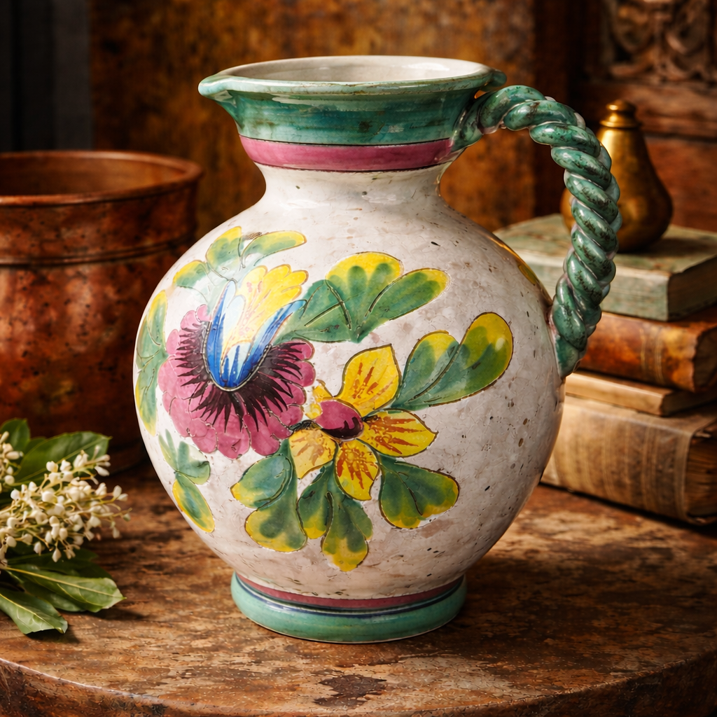 Vintage Italian Majolica Jug with Braided Handle | Mid 20th Century