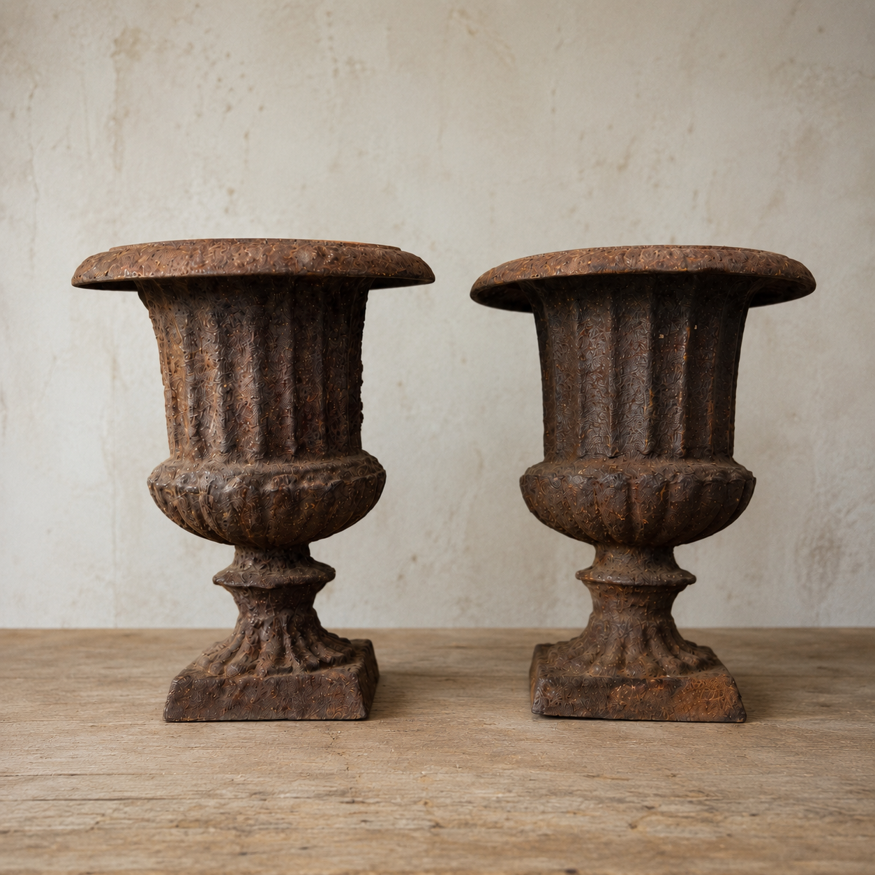 Two cast iron metal French antique urns on a wooden shelf with books and a vase in the background.