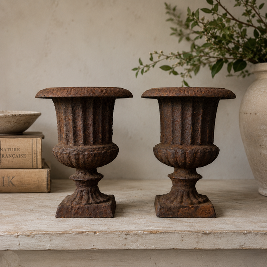 Two cast iron metal French antique urns on a wooden shelf with books and a vase in the background.