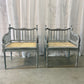 French Blue Carved Armchairs with Rattan Seats