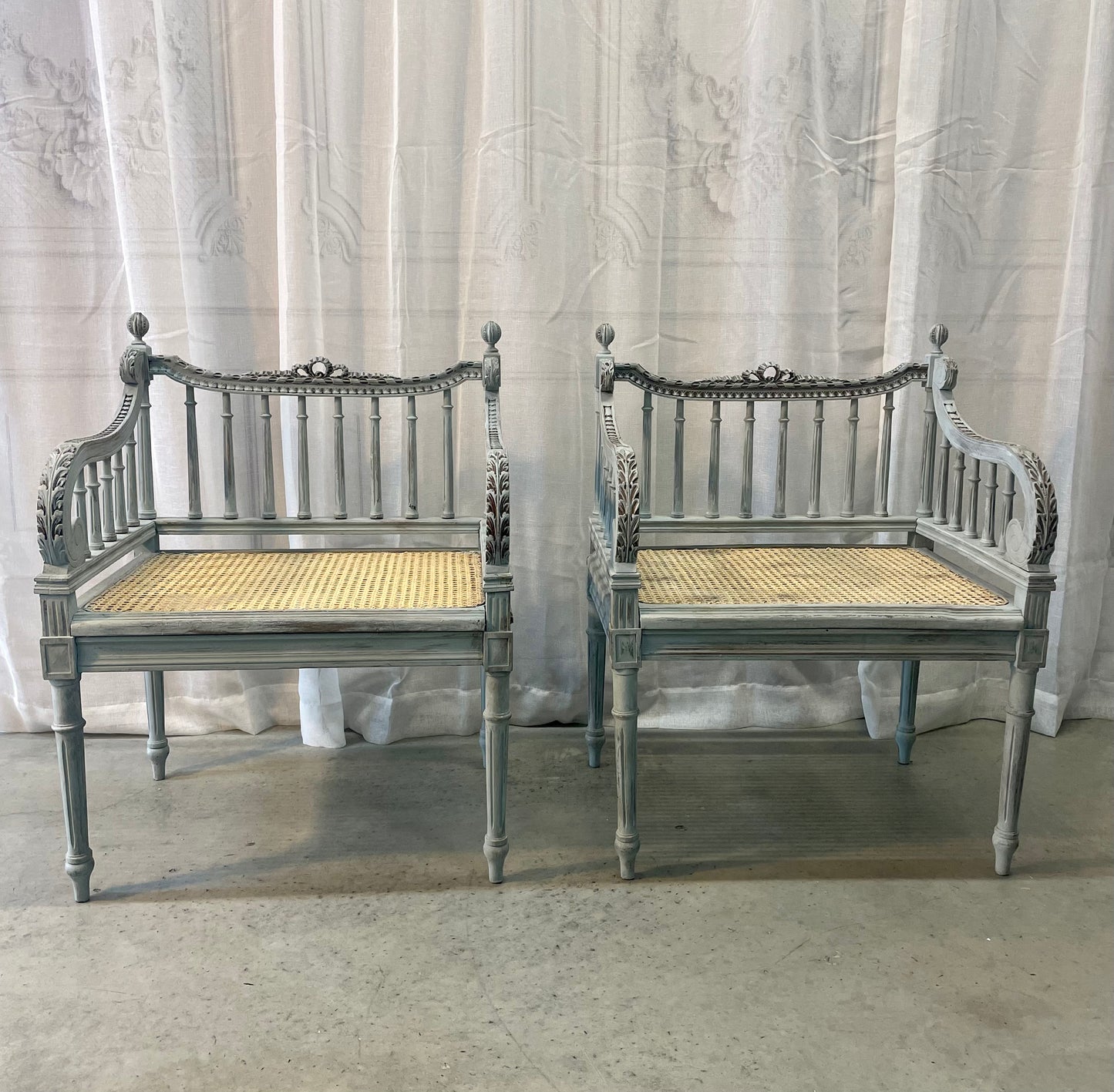 French Blue Carved Armchairs with Rattan Seats