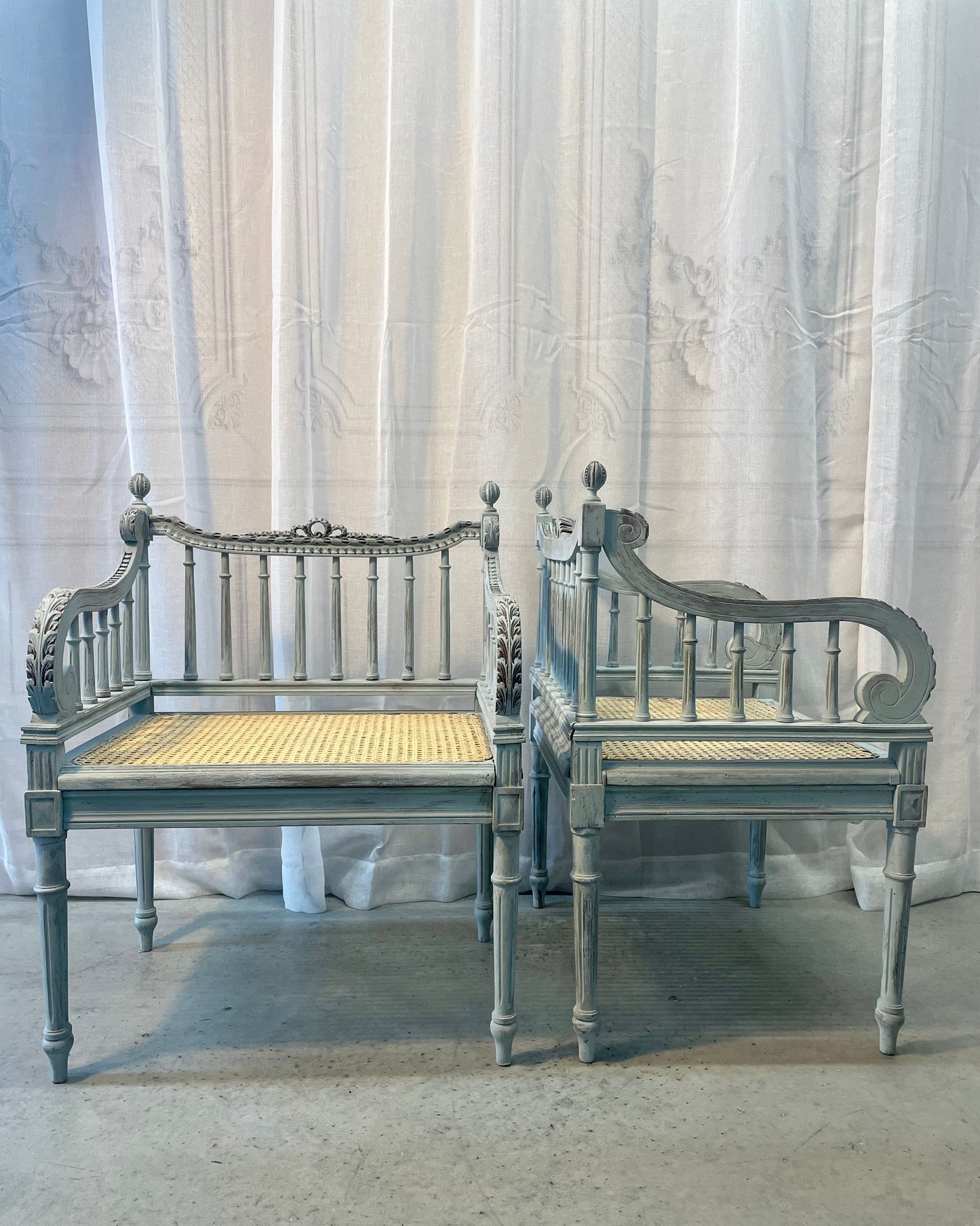 French Blue Carved Armchairs with Rattan Seats