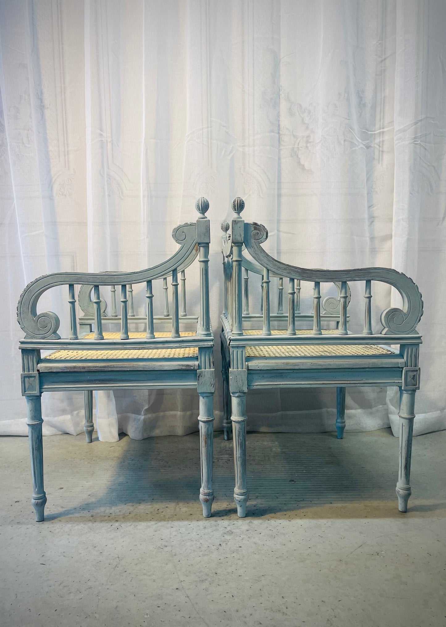 French Blue Carved Armchairs with Rattan Seats