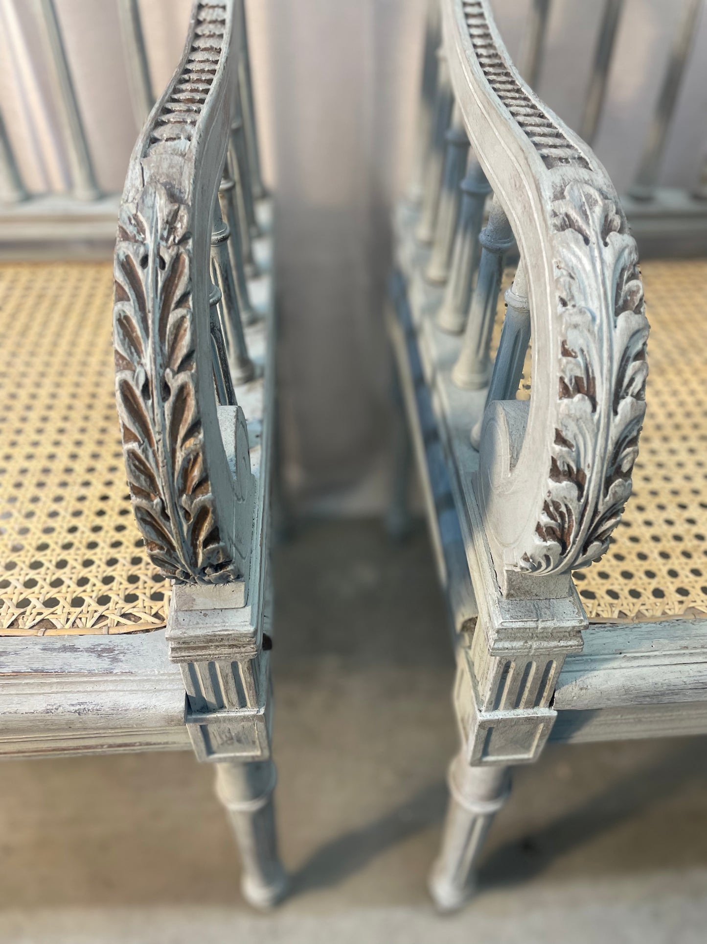 French Blue Carved Armchairs with Rattan Seats