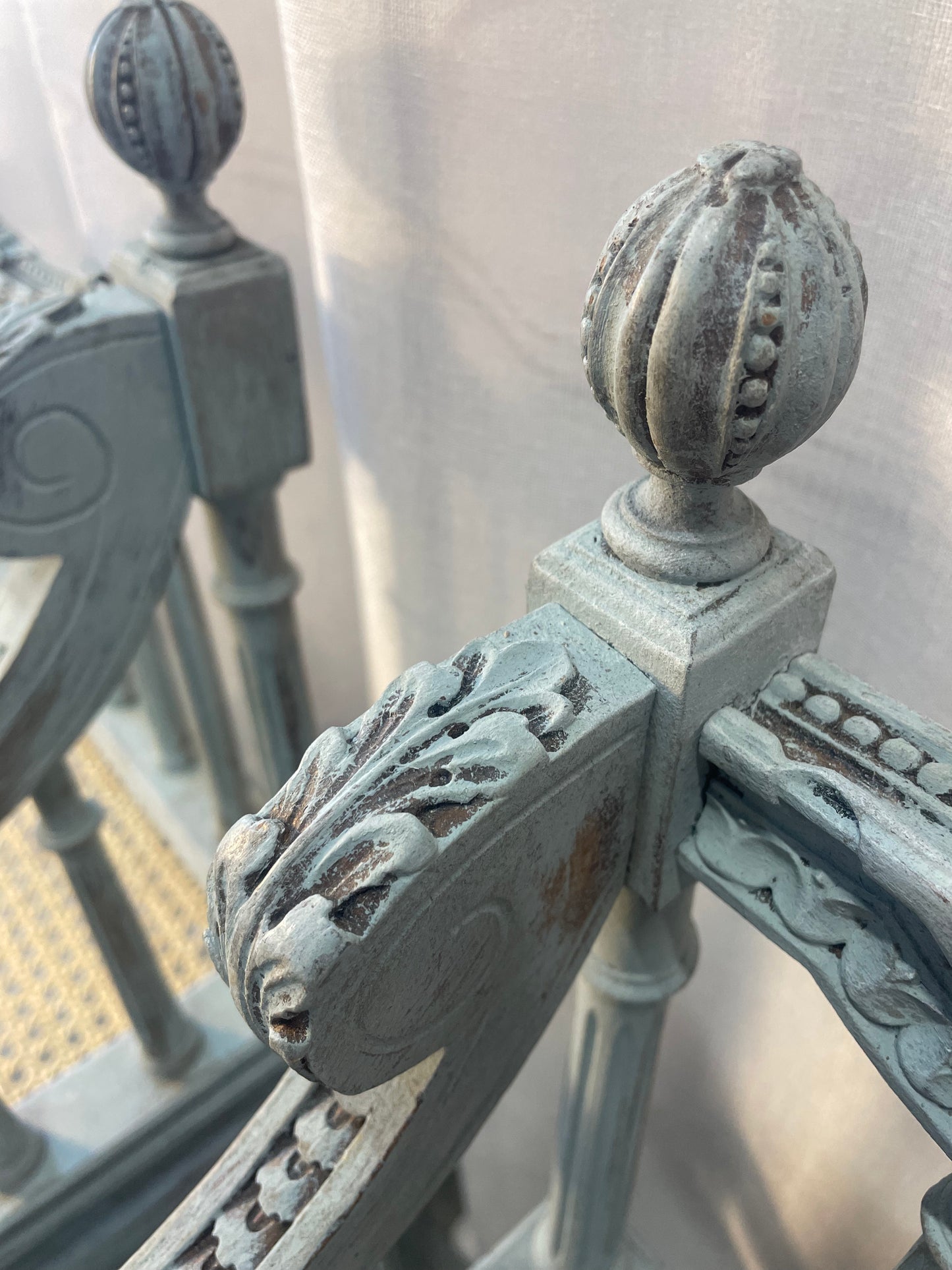 French Blue Carved Armchairs with Rattan Seats