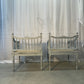 French Blue Carved Armchairs with Rattan Seats