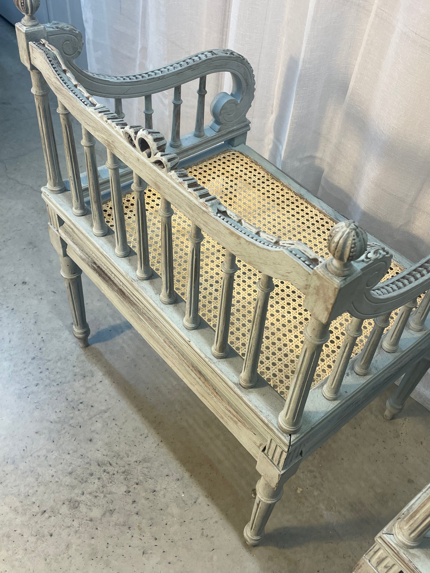 French Blue Carved Armchairs with Rattan Seats