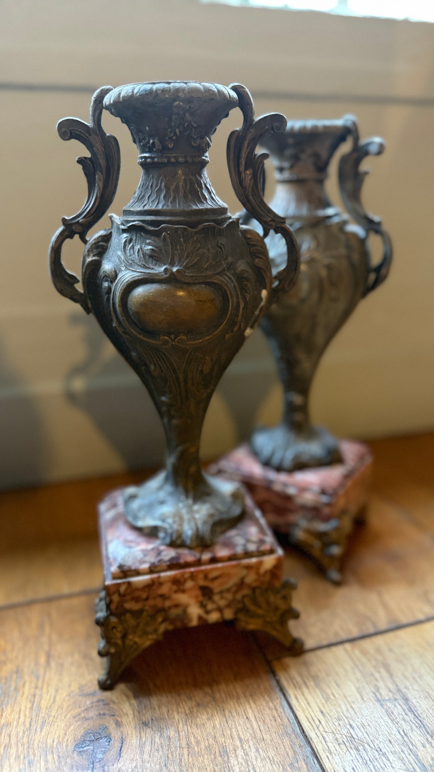 French Marble Based Brass Vases